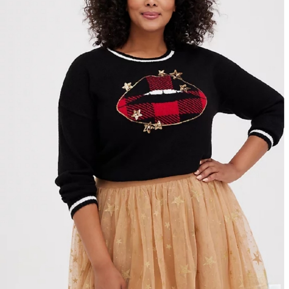 Brand New Pullover Sweater with Red Plaid Lips and Gold Stars